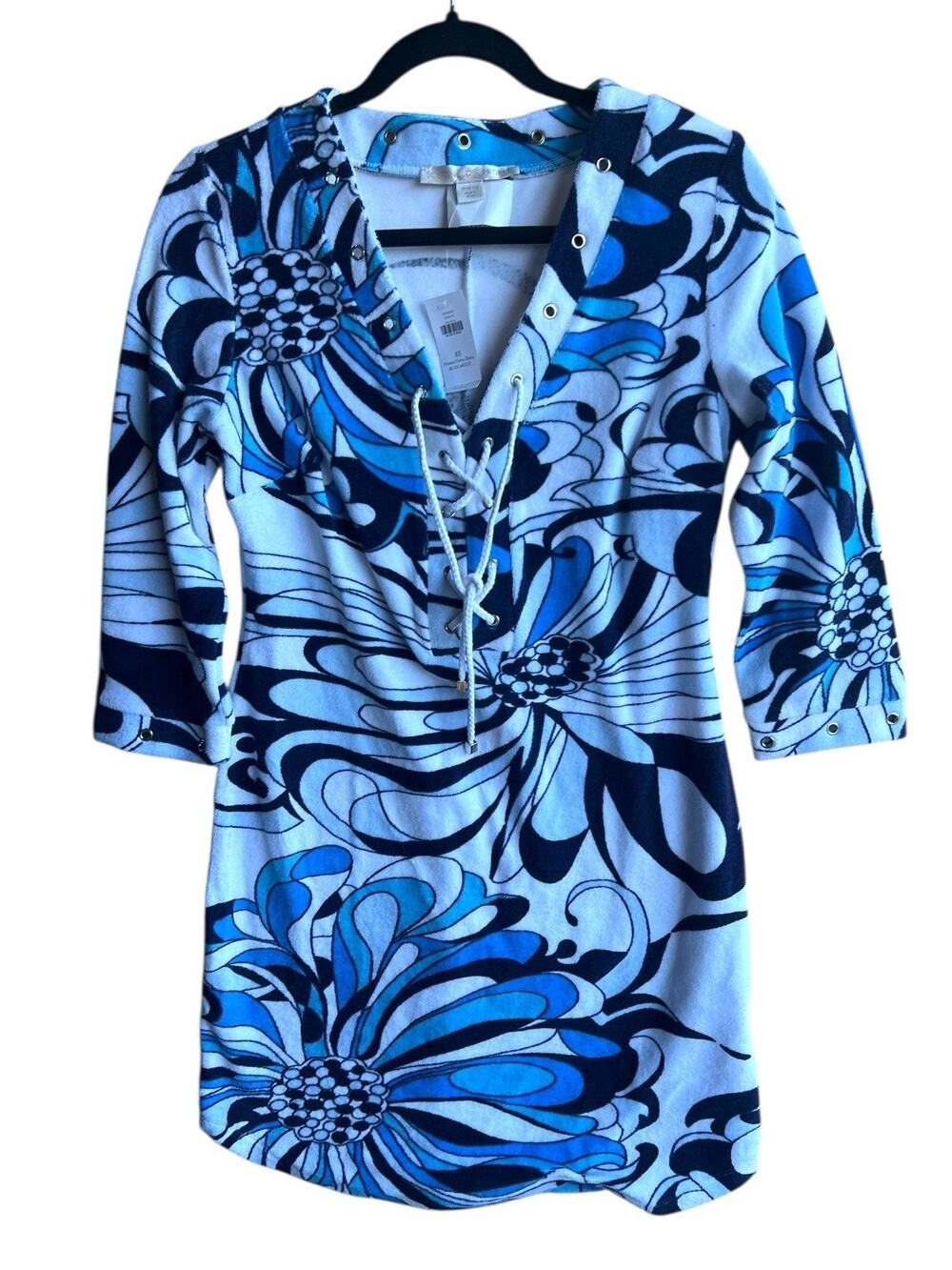 Boston Proper Terry Dress Cover Up Size XS Grommet Floral Blue Beach Coastal NEW